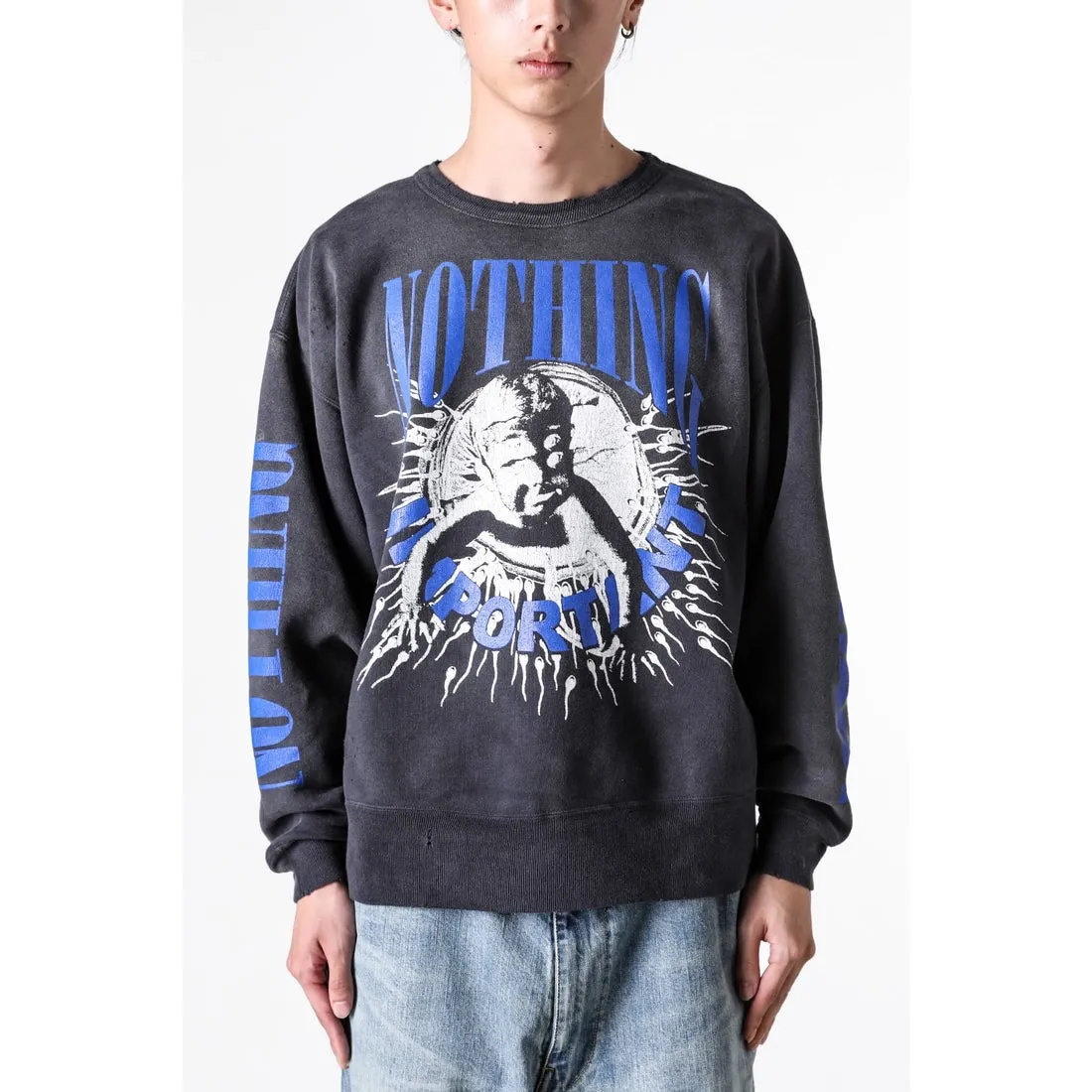 SAINT Mxxxxxx × Kosuke Kawamura KK_CRW SWT/NOTHNG IMP/BLK joint model Holy Infant Tadpole retro distressed sweatshirt, washed black S-XL Assute dyeing, genuine whole garment sprayed with horsetail fading process, collar/cuffs frayed in many places, front and rear panels/sleeves super complicated hanging grinding, heavy washing and distressing, correct fruit mark/angel mark